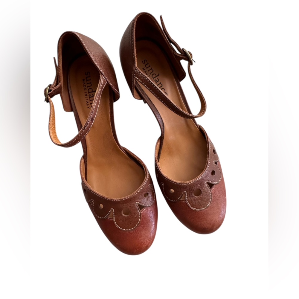 Sundance Leather D’Orsay Low Block Heels, Cutouts and Ankle strap, Sz 38, US 7.5